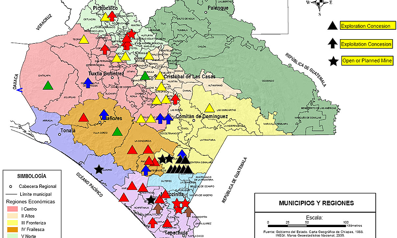 Mapa de las concesiones mineras en Chiapas