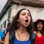 Mujeres gritando consignas en la movilización contra las agresiones sexistas del 24 de abril en San Cristóbal de Las Casas, Chiapas © Aarón Cadena Ovalle